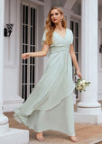 A-line V Neck Short Sleeve Chiffon Long/Floor-Length Bridesmaid Dresses With Pleated Ruffles Keyla STAP0025626