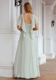 A-line V Neck Short Sleeve Chiffon Long/Floor-Length Bridesmaid Dresses With Pleated Ruffles Keyla STAP0025626