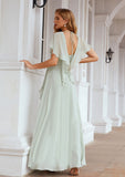 A-line V Neck Short Sleeve Chiffon Long/Floor-Length Bridesmaid Dresses With Pleated Ruffles Keyla STAP0025626