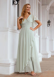 A-line V Neck Short Sleeve Chiffon Long/Floor-Length Bridesmaid Dresses With Pleated Ruffles Keyla STAP0025626