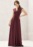 A-line V Neck Sleeveless Chiffon Long/Floor-Length Bridesmaid Dresses With Pleated Lace Savannah STAP0025627