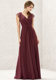 A-line V Neck Sleeveless Chiffon Long/Floor-Length Bridesmaid Dresses With Pleated Lace Savannah STAP0025627