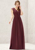 A-line V Neck Sleeveless Chiffon Long/Floor-Length Bridesmaid Dresses With Pleated Lace Savannah STAP0025627