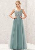 A-line V Neck Sleeveless Tulle Long/Floor-Length Bridesmaid Dresses With Lace Bianca STAP0025628