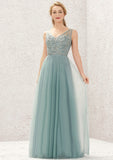 A-line V Neck Sleeveless Tulle Long/Floor-Length Bridesmaid Dresses With Lace Bianca STAP0025628