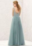 A-line V Neck Sleeveless Tulle Long/Floor-Length Bridesmaid Dresses With Lace Bianca STAP0025628