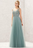 A-line V Neck Sleeveless Tulle Long/Floor-Length Bridesmaid Dresses With Lace Bianca STAP0025628