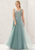 A-line V Neck Sleeveless Tulle Long/Floor-Length Bridesmaid Dresses With Lace Bianca STAP0025628