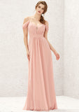 A-line Sweetheart Sleeveless Chiffon Long/Floor-Length Bridesmaid Dresses With Pleated Lace Viv STAP0025629