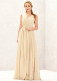 A-line V Neck Sleeveless Chiffon Long/Floor-Length Bridesmaid Dresses With Appliqued Sashes Pleated Paulina STAP0025630