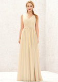 A-line V Neck Sleeveless Chiffon Long/Floor-Length Bridesmaid Dresses With Appliqued Sashes Pleated Paulina STAP0025630