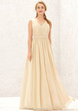 A-line V Neck Sleeveless Chiffon Long/Floor-Length Bridesmaid Dresses With Appliqued Sashes Pleated Paulina STAP0025630