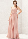 A-line V Neck Sleeveless Chiffon Long/Floor-Length Bridesmaid Dresses With Pleated Mylie STAP0025632