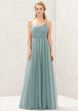 Princess A-line V Neck Sleeveless Tulle Long/Floor-Length Bridesmaid Dresses With Pleated Appliqued Chaya STAP0025633