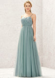 Princess A-line V Neck Sleeveless Tulle Long/Floor-Length Bridesmaid Dresses With Pleated Appliqued Chaya STAP0025633