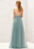 Princess A-line V Neck Sleeveless Tulle Long/Floor-Length Bridesmaid Dresses With Pleated Appliqued Chaya STAP0025633