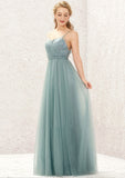 Princess A-line V Neck Sleeveless Tulle Long/Floor-Length Bridesmaid Dresses With Pleated Appliqued Chaya STAP0025633