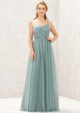 Princess A-line V Neck Sleeveless Tulle Long/Floor-Length Bridesmaid Dresses With Pleated Appliqued Chaya STAP0025633