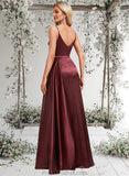 Sasha A-line V-Neck Floor-Length Stretch Satin Bridesmaid Dress With Ruffle STAP0025785