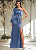 Janelle A-line One Shoulder Floor-Length Stretch Satin Bridesmaid Dress With Bow STAP0025730