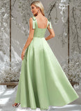 Brielle A-line Square Floor-Length Satin Bridesmaid Dress With Bow STAP0025778