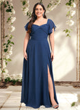 Kira A-line V-Neck Floor-Length Chiffon Bridesmaid Dress With Ruffle STAP0025802