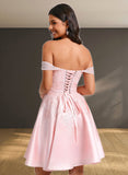 Emery A-line Off the Shoulder Short Satin Homecoming Dress With Rhinestone Beading Appliques Lace STAP0025679