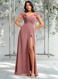 Joyce A-line V-Neck Floor-Length Chiffon Bridesmaid Dress With Ruffle STAP0025751