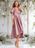 Kassidy A-line V-Neck Asymmetrical Stretch Satin Bridesmaid Dress STAP0025752