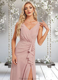 Aisha A-line V-Neck Floor-Length Chiffon Bridesmaid Dress STAP0025820