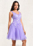 Janiah Ball-Gown/Princess V-Neck Short Lace Tulle Homecoming Dress With Flower STAP0025656