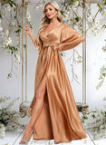 Jordin A-line V-Neck Floor-Length Stretch Satin Bridesmaid Dress STAP0025793