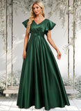 Kitty A-line V-Neck Floor-Length Satin Bridesmaid Dress With Ruffle STAP0025777