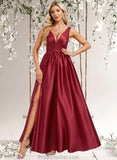 Norma A-line V-Neck Floor-Length Satin Bridesmaid Dress STAP0025775