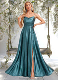 Braelyn A-line Cowl Floor-Length Stretch Satin Bridesmaid Dress With Ruffle STAP0025781