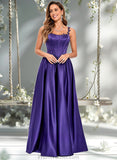 Kira Ball-Gown/Princess Scoop Floor-Length Satin Prom Dresses With Appliques Lace Beading STAP0025865