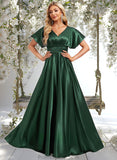 Karly A-line V-Neck Floor-Length Stretch Satin Bridesmaid Dress STAP0025782