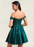 Mckenzie A-line Off the Shoulder Short Lace Satin Homecoming Dress With Rhinestone STAP0025718