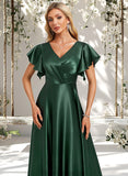 Sadie A-line V-Neck Floor-Length Stretch Satin Bridesmaid Dress With Ruffle STAP0025773