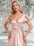 Angelica A-line V-Neck Floor-Length Stretch Satin Bridesmaid Dress With Ruffle STAP0025787