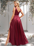 Mina A-line V-Neck Floor-Length Stretch Satin Bridesmaid Dress STAP0025771