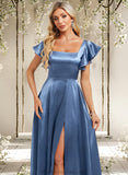 Adeline A-line Square Floor-Length Stretch Satin Bridesmaid Dress With Ruffle STAP0025769