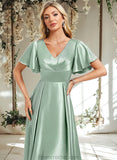 Amya A-line V-Neck Asymmetrical Stretch Satin Bridesmaid Dress With Ruffle STAP0025772