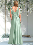 Rachael A-line V-Neck Floor-Length Stretch Satin Bridesmaid Dress With Bow STAP0025737