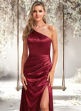 Breanna A-line One Shoulder Floor-Length Stretch Satin Bridesmaid Dress With Bow STAP0025758