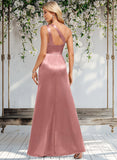 Salma A-line One Shoulder Floor-Length Stretch Satin Bridesmaid Dress With Ruffle STAP0025768