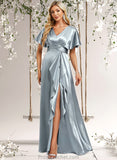 Logan A-line V-Neck Floor-Length Stretch Satin Bridesmaid Dress With Ruffle STAP0025767