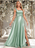 Kaylie A-line Square Floor-Length Stretch Satin Bridesmaid Dress With Bow STAP0025788