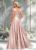 Abbie A-line V-Neck Floor-Length Stretch Satin Bridesmaid Dress STAP0025779