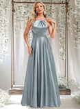 London A-line Halter Floor-Length Stretch Satin Bridesmaid Dress STAP0025783